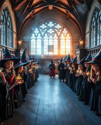 This high-resolution stock photo captures a magical school teeming with young wizards, radiating an ethereal spiritual vibe a