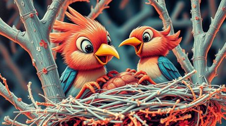 A surreal infrared image depicts two cartoon birds meticulously constructing a nest.  Painted in bold acrylics with textured 
