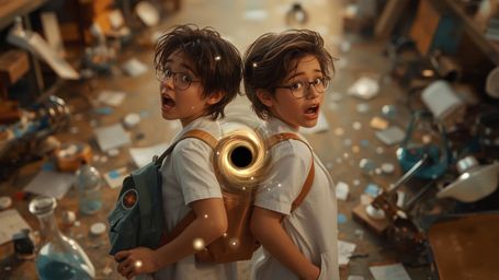 In a vibrant, cinematic photograph rendered in a hyper-realistic, Pixar-inspired style, a dynamic science fair duo unwittingl
