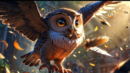 In a delightful and imaginative scene that combines the visual charm of Pixar and anime, a wise blind owl serves as a flight 