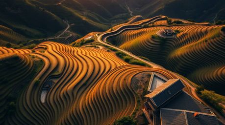 Experience the beauty of architectural color photography showcasing a breathtaking sunset over mountainous rice terraces from