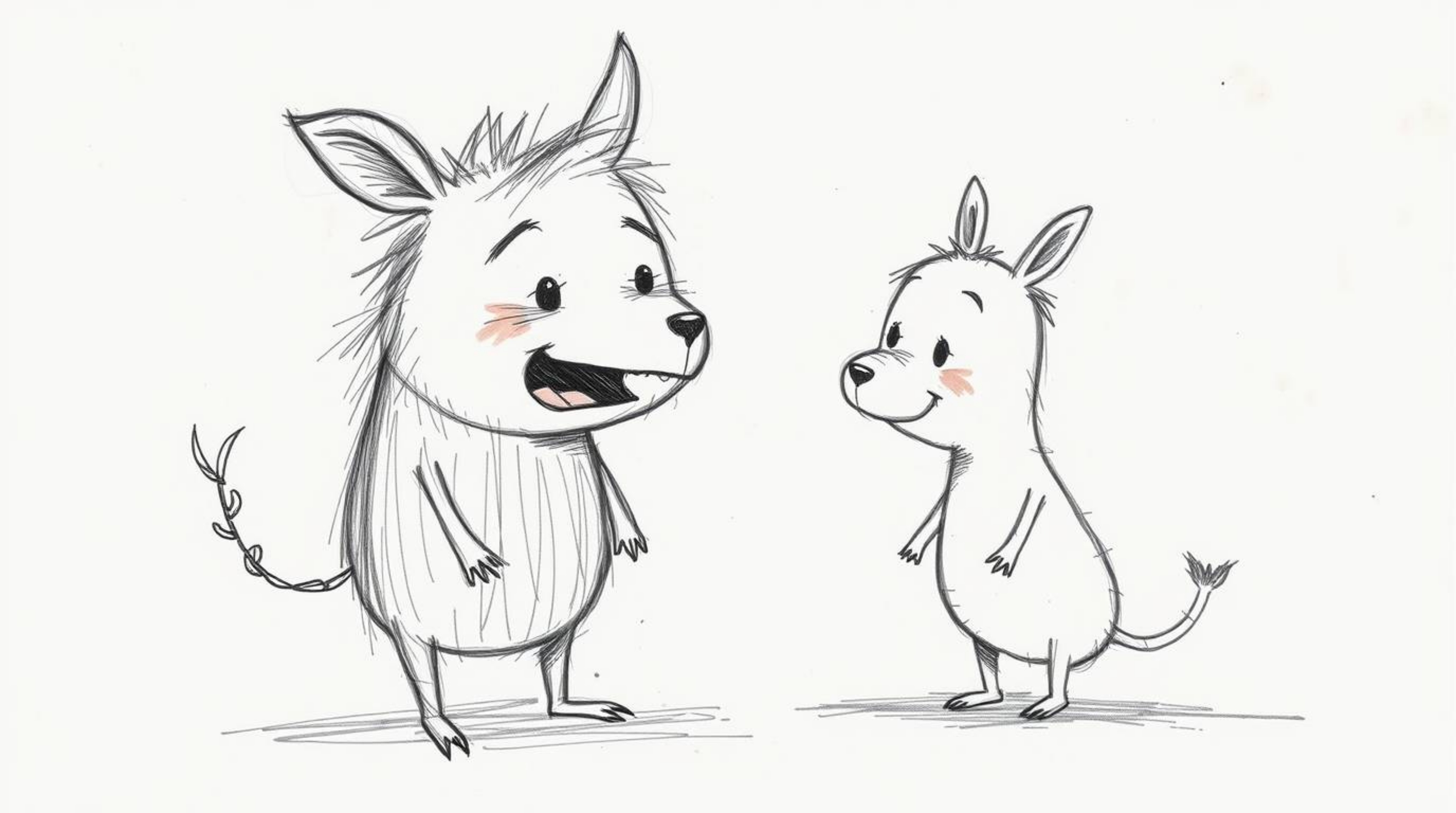 A hand-drawn sketch portrays two talking animals engaging in mischief, utilizing rough lines and textured pencil strokes to c
