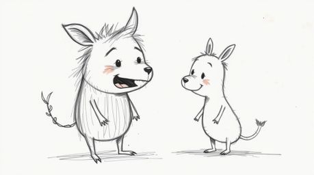 A hand-drawn sketch portrays two talking animals engaging in mischief, utilizing rough lines and textured pencil strokes to c
