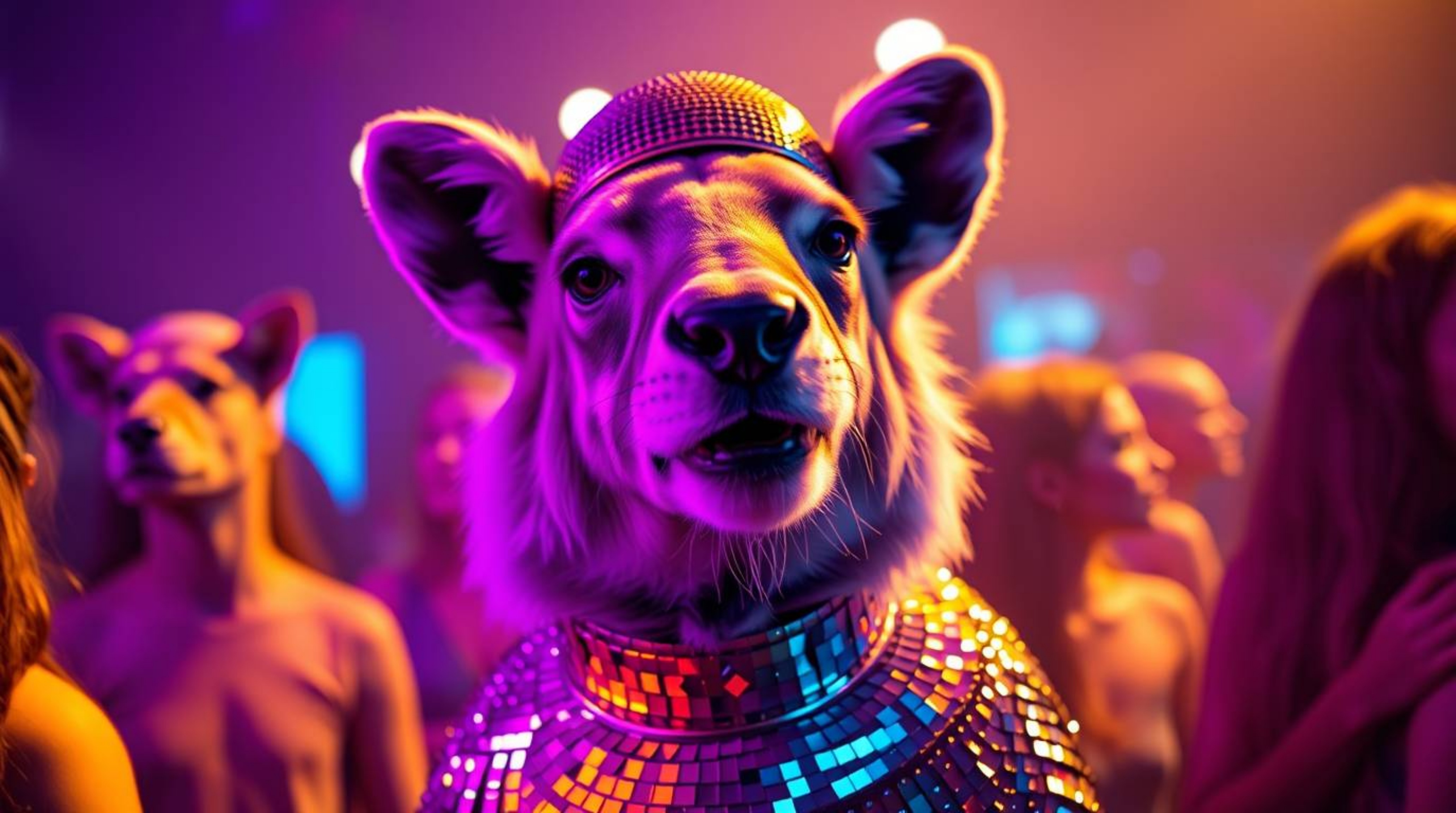 Experience a captivating fine art photograph depicting an electrifying animal disco party.  Bathed in deep ultraviolet hues a