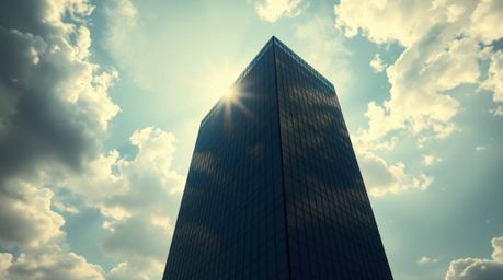 This image captures a modern glass building seemingly dissolving into a soft, cloudy sky, evoking an ethereal and spiritual f