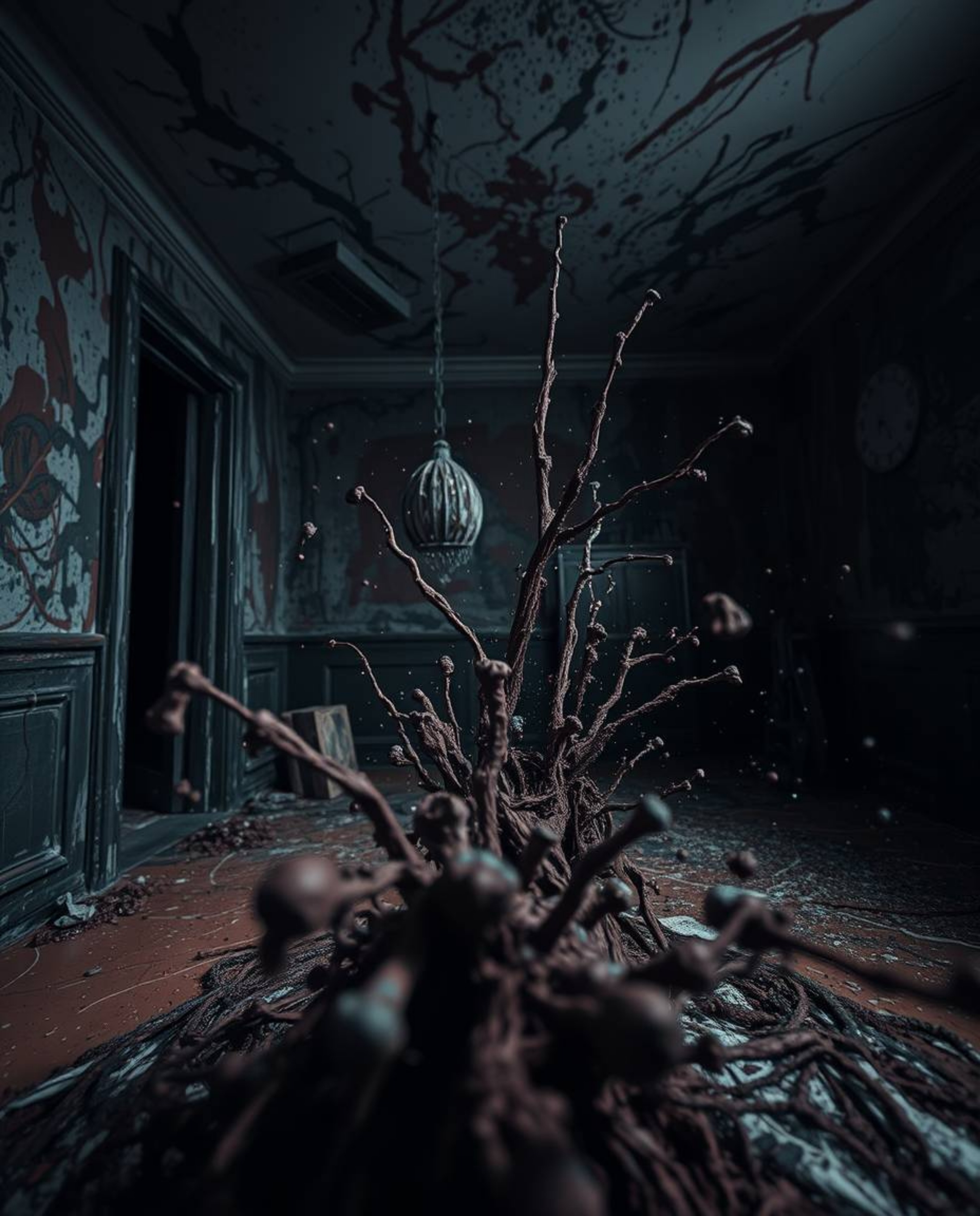 Immerse yourself in a strong, moody close-up shot of a room exploding with paint. This image captures intricate details and u
