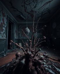 Immerse yourself in a strong, moody close-up shot of a room exploding with paint. This image captures intricate details and u