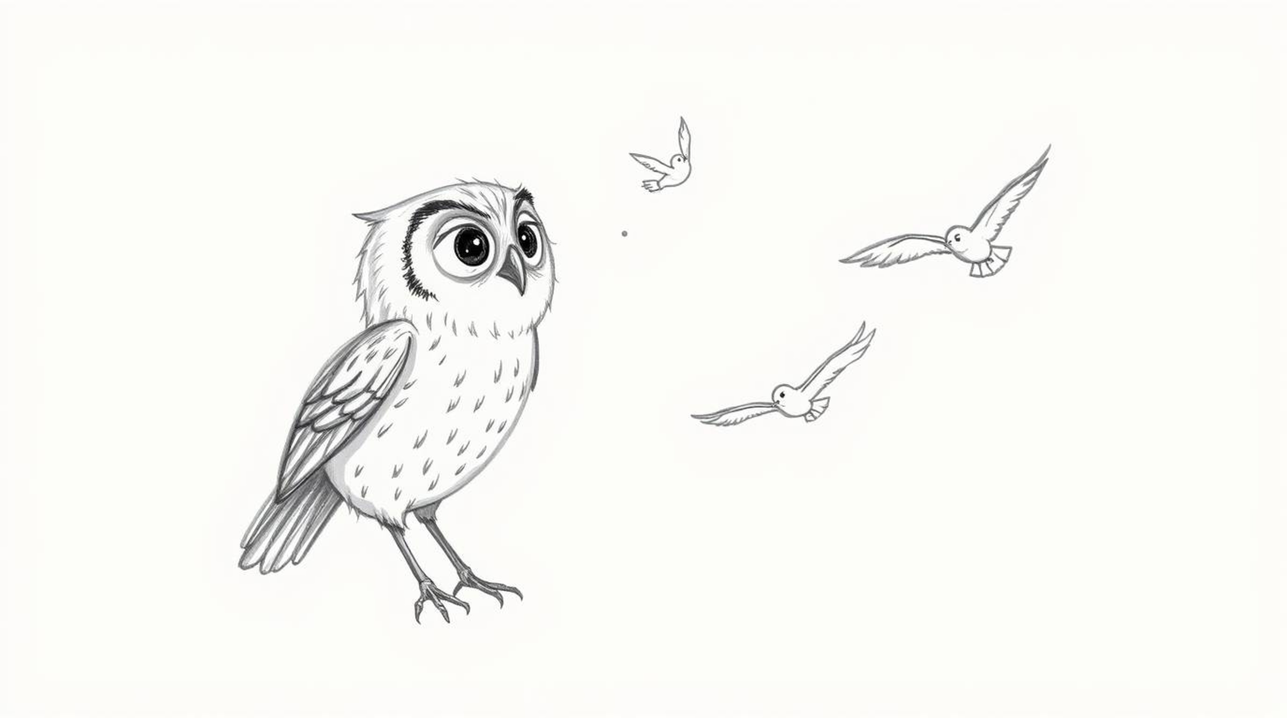 A charming, hand-drawn sketch in the style of Pixar depicts a blind owl with soft, textured pencil strokes against a clean wh