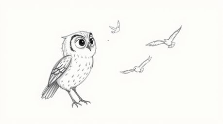 A charming, hand-drawn sketch in the style of Pixar depicts a blind owl with soft, textured pencil strokes against a clean wh