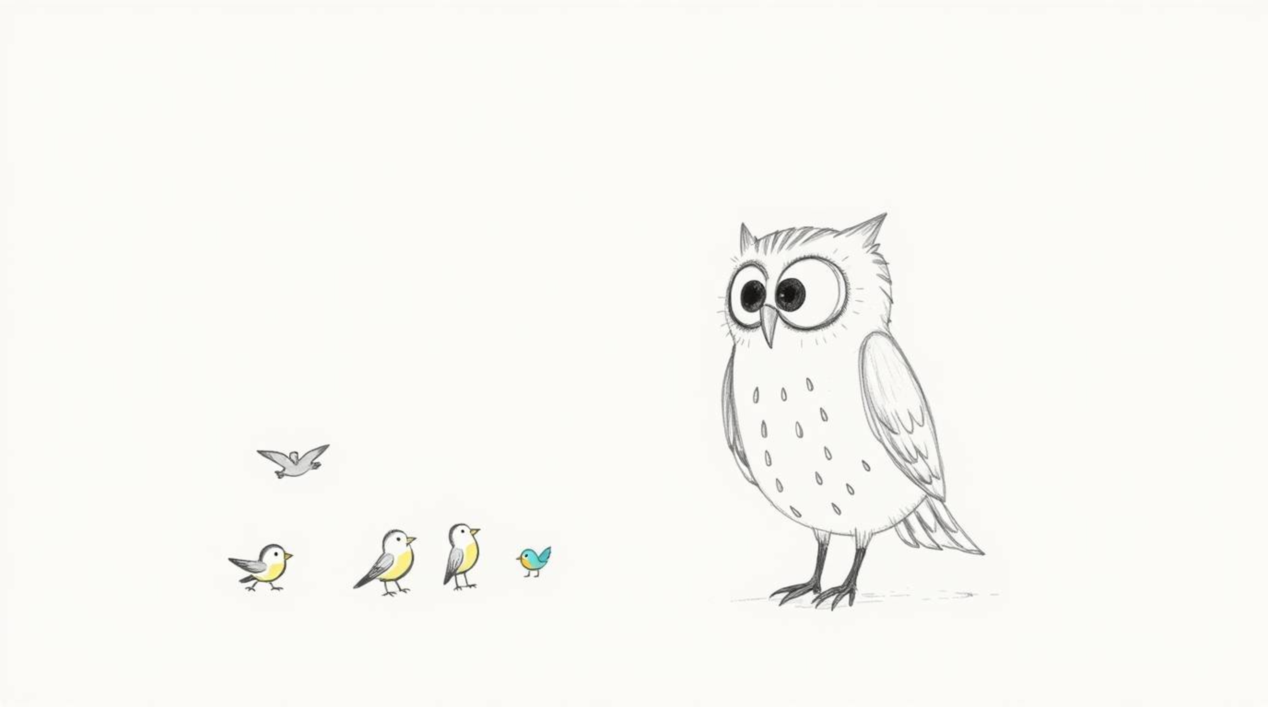 A heartwarming hand-drawn sketch in the style of Pixar showcases a blind owl, rendered with soft, textured pencil strokes aga