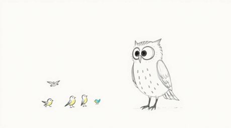 A heartwarming hand-drawn sketch in the style of Pixar showcases a blind owl, rendered with soft, textured pencil strokes aga