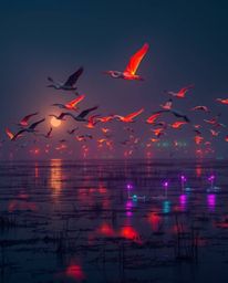 A grand epic scene depicting long exposure photography of a Golden hour wetland. Herons in flight create stunning motion trai