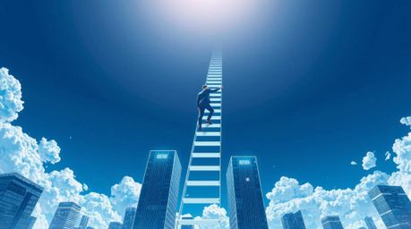 This futuristic sci-fi illustration depicts a businessperson ascending a transparent ladder that seemingly vanishes into the 