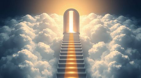 A stunning modern flat design depicts a heavenly gate suspended above the clouds, with stairs leading upwards bathed in golde
