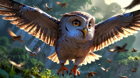 In a heartwarming scene that beautifully merges the styles of Pixar and anime, a wise blind owl is filled with pride. One of 