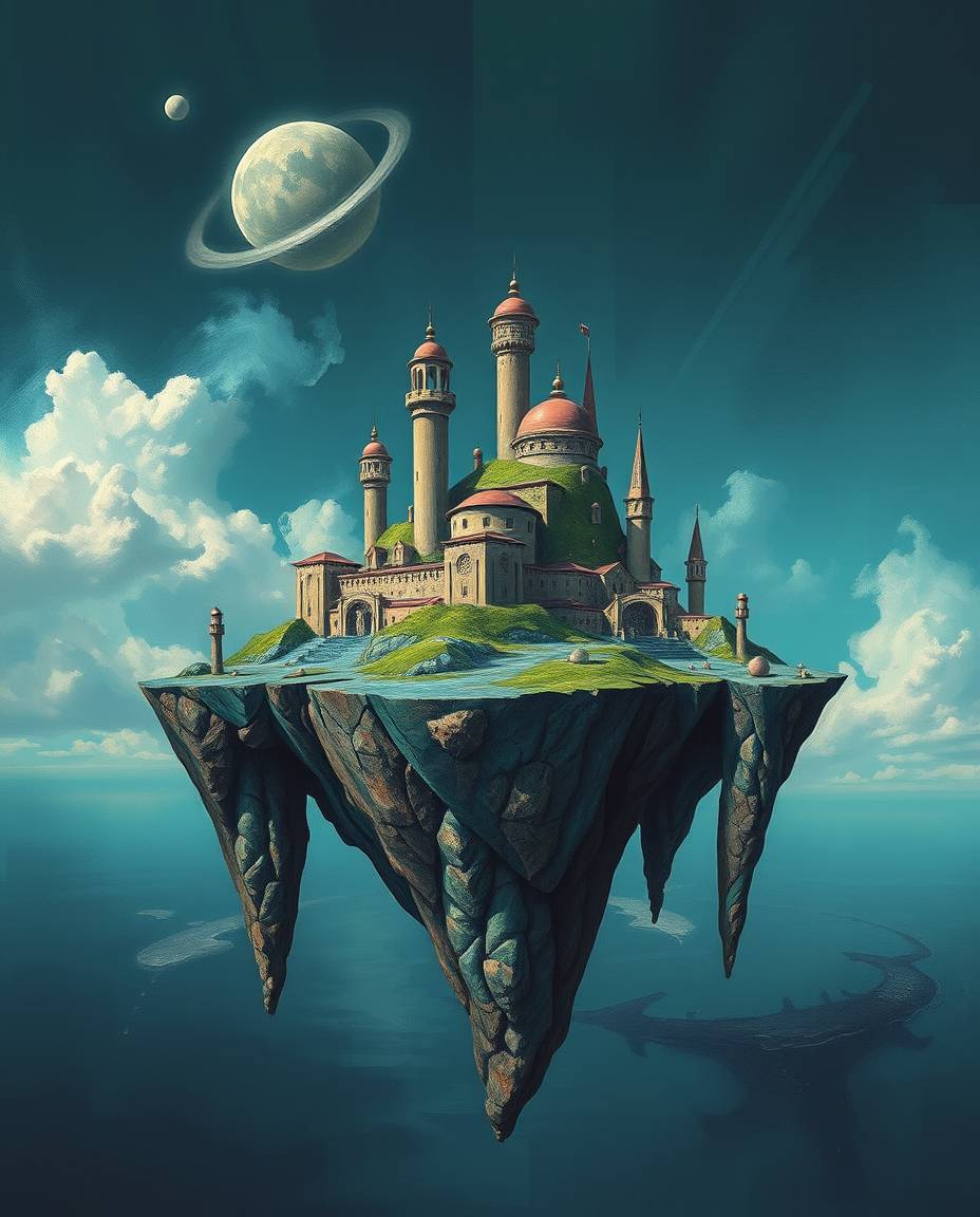 Experience a captivating surreal floating island brought to life in the style of a classic oil painting. This dreamlike lands