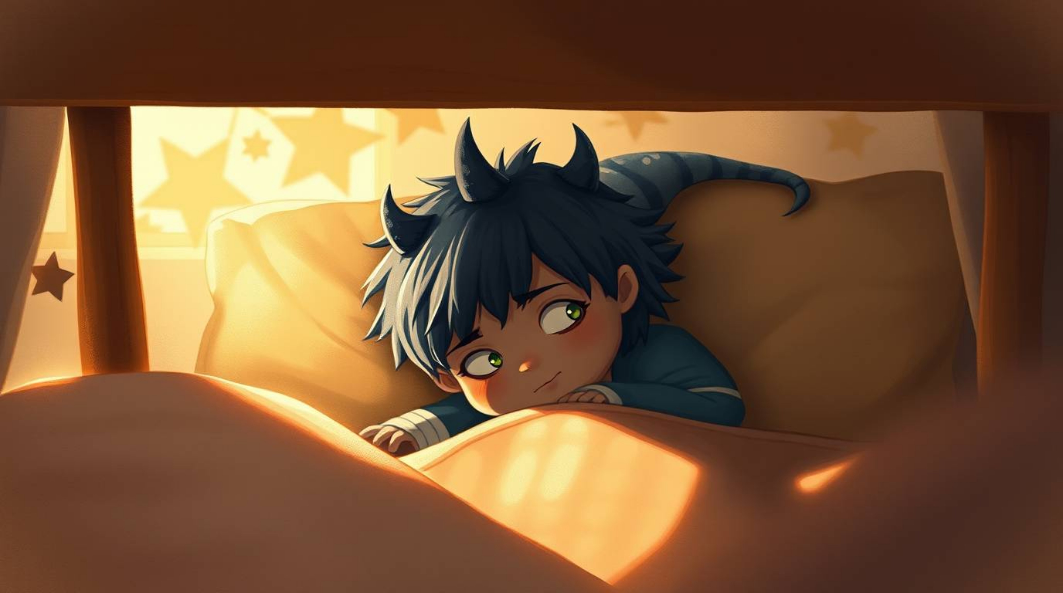 A heartwarming illustration depicting a child and a friendly monster sharing a cozy space under a bed.  Rendered in warm autu