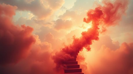 A captivating abstract artwork depicting a winding stairway composed of smoke and light, ascending into a vast, cloudy sky.  