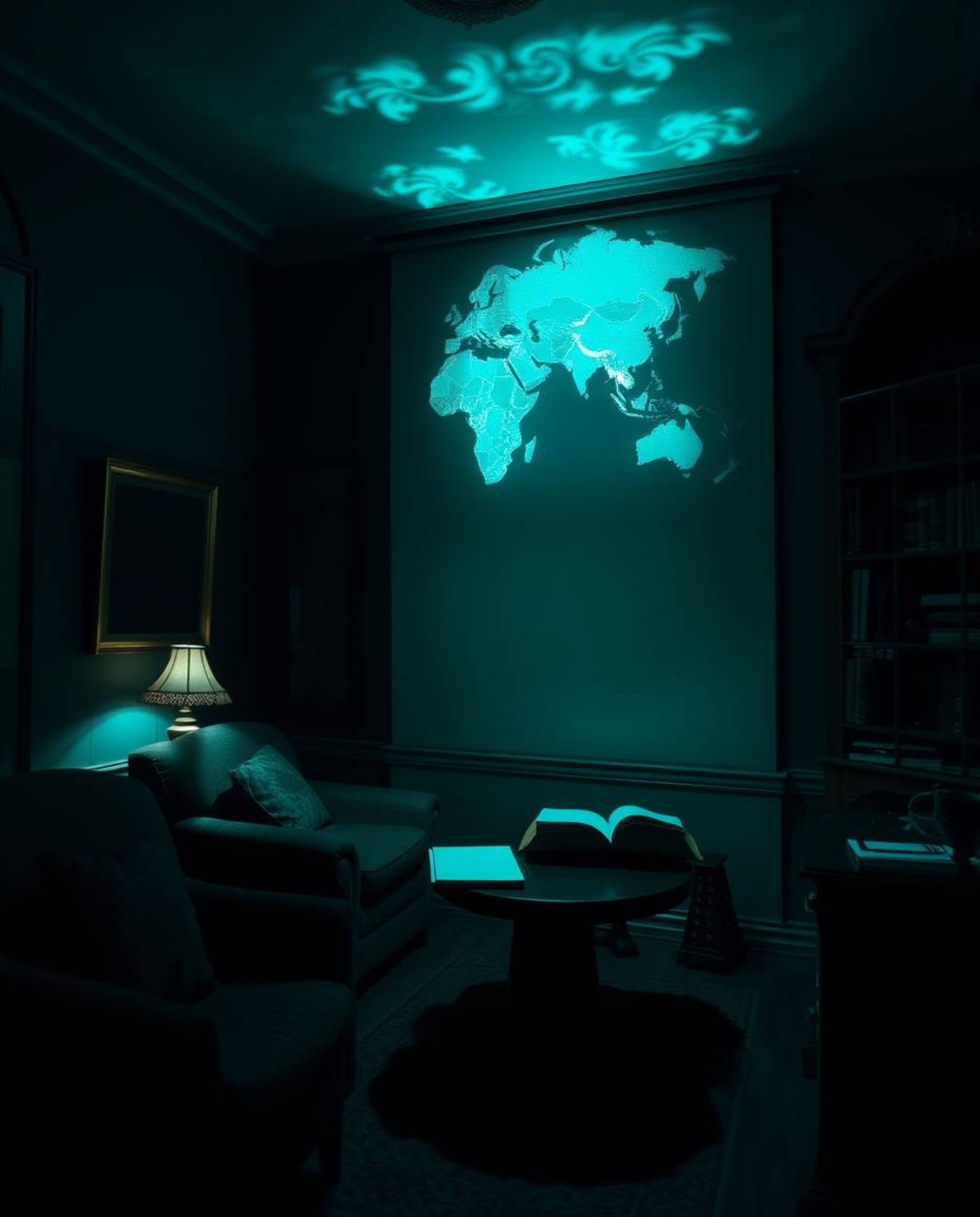Experience the allure of an old study bathed in contrasting chiaroscuro lighting, where a glowing map is projected in the air