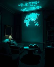 Experience the allure of an old study bathed in contrasting chiaroscuro lighting, where a glowing map is projected in the air