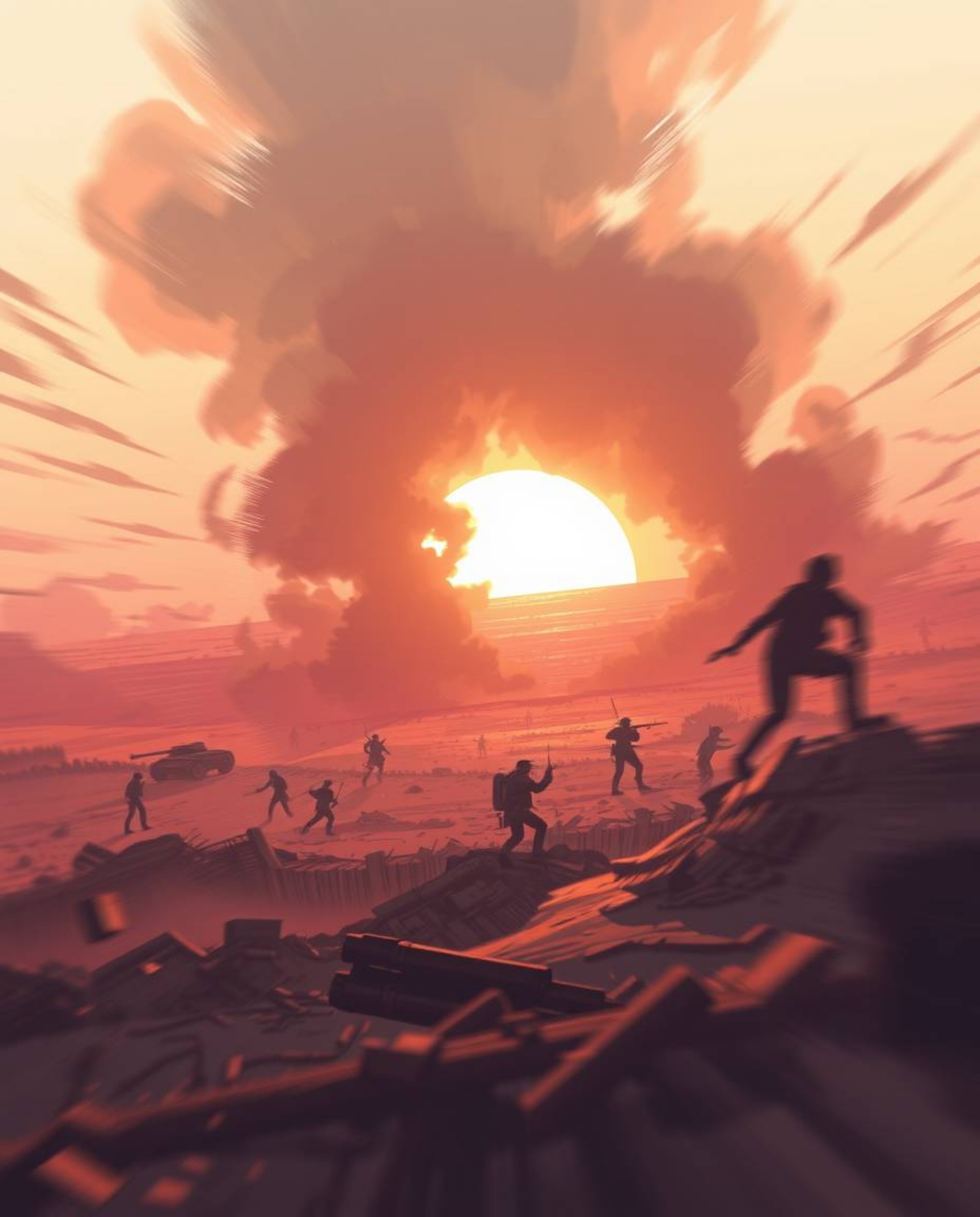 This captivating illustration depicts a sunrise over a war-torn landscape, rendered in soft pastel colors for a gentle and so