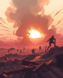 This captivating illustration depicts a sunrise over a war-torn landscape, rendered in soft pastel colors for a gentle and so