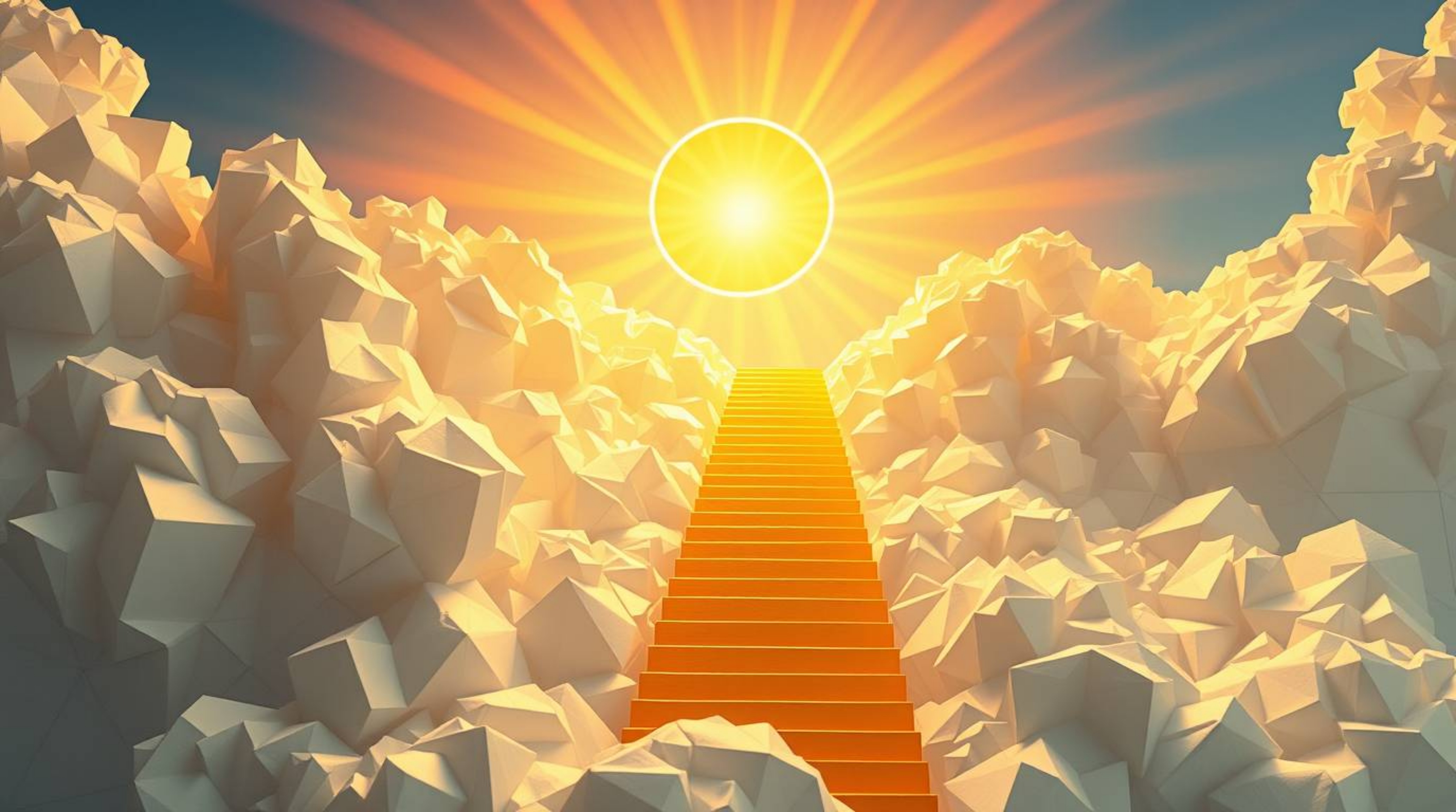 A breathtaking image depicts an intricate origami-style golden staircase ascending through ethereal clouds towards a radiant 