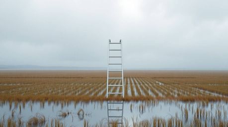 A minimalist scene depicting a silver ladder in a wet, rainy field under a cloudy sky, with drizzling rain creating reflectiv