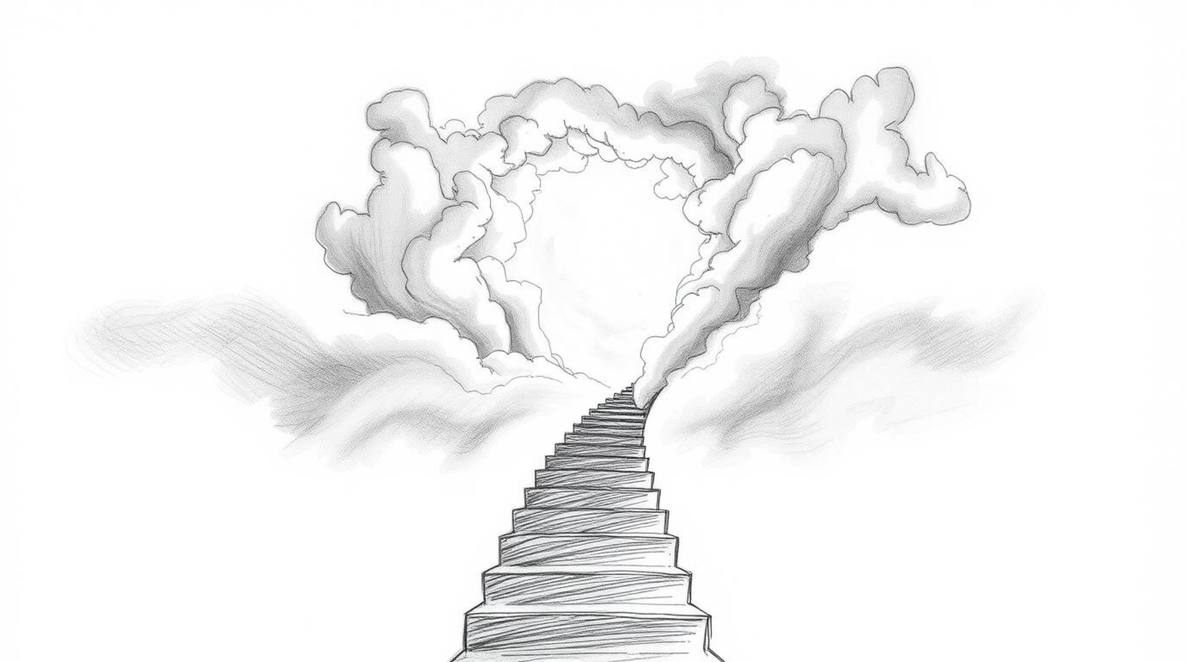 A captivating hand-drawn sketch depicts a winding stairway composed of smoke and light, ascending into a vast, cloudy sky.  T