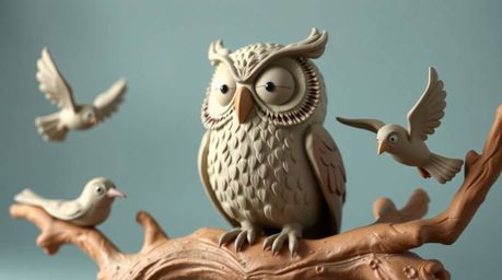 This sculptural clay artwork depicts a heartwarming scene of a blind owl, rendered in a charming Pixar style, patiently teach
