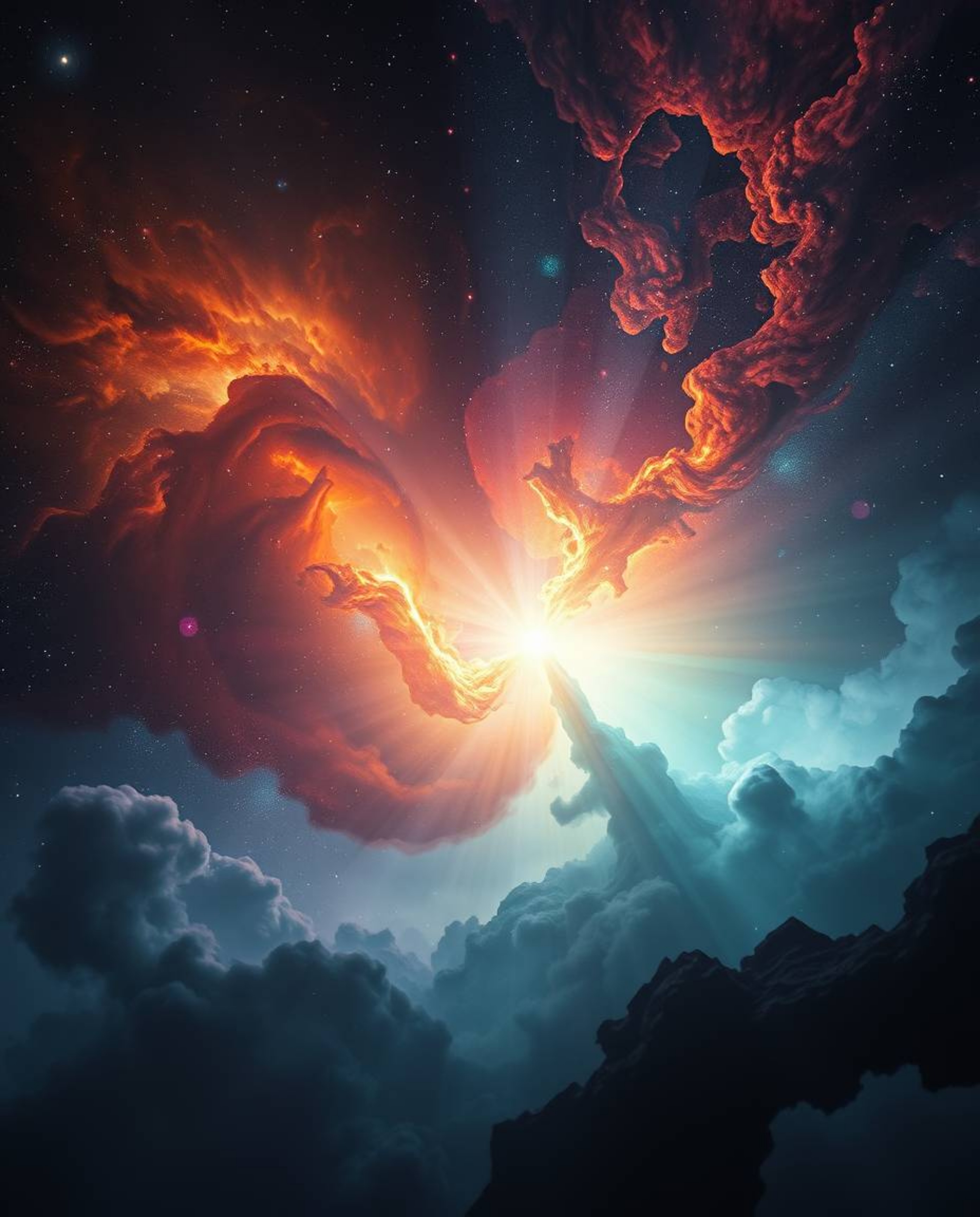 Experience the unsettling beauty of colliding galaxies in a cosmic explosion of light and color. This image evokes a dreamlik