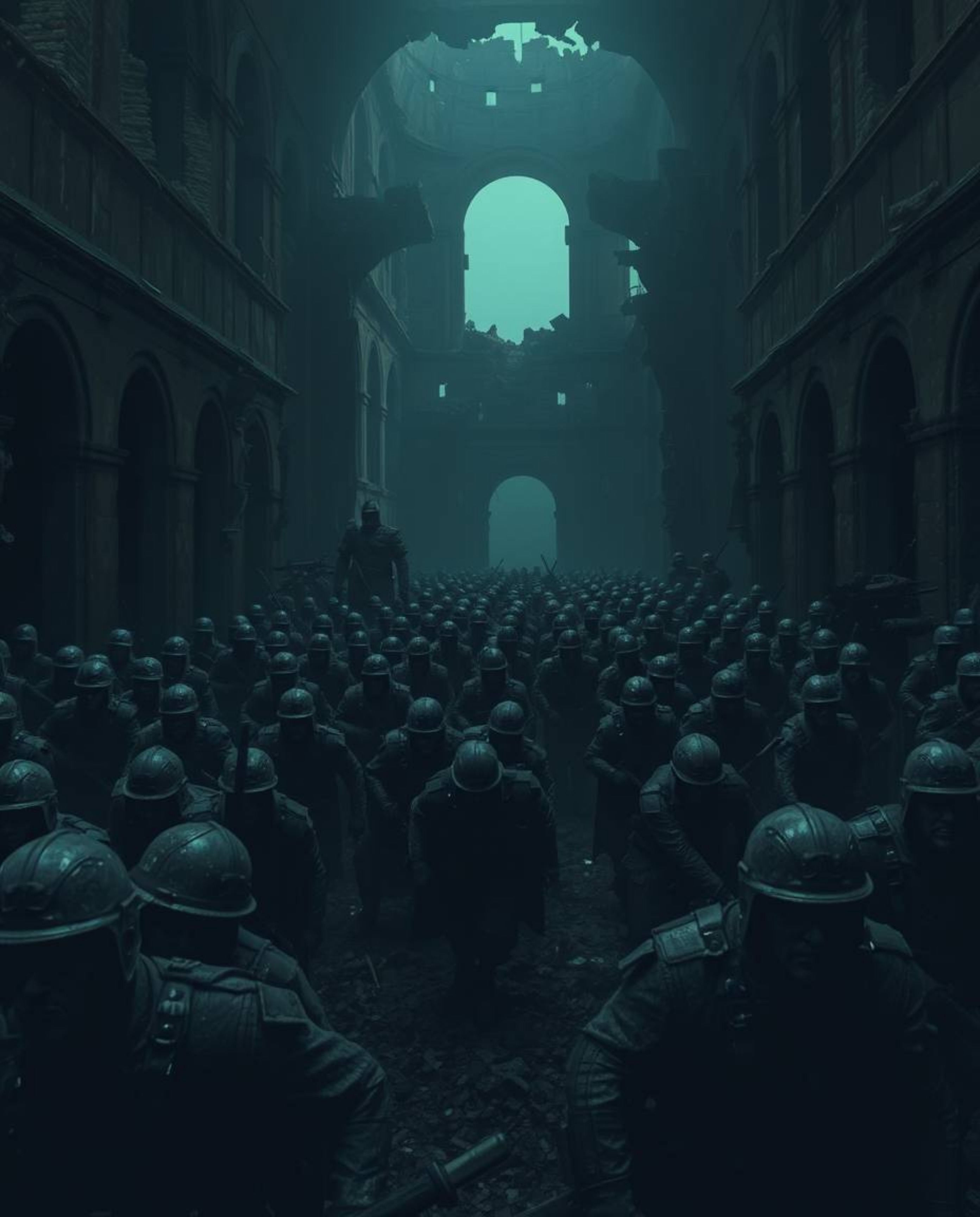 Explore an eerie battlefield where time-warped soldiers clash amidst crumbling buildings. This haunting scene is characterize