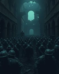 Explore an eerie battlefield where time-warped soldiers clash amidst crumbling buildings. This haunting scene is characterize