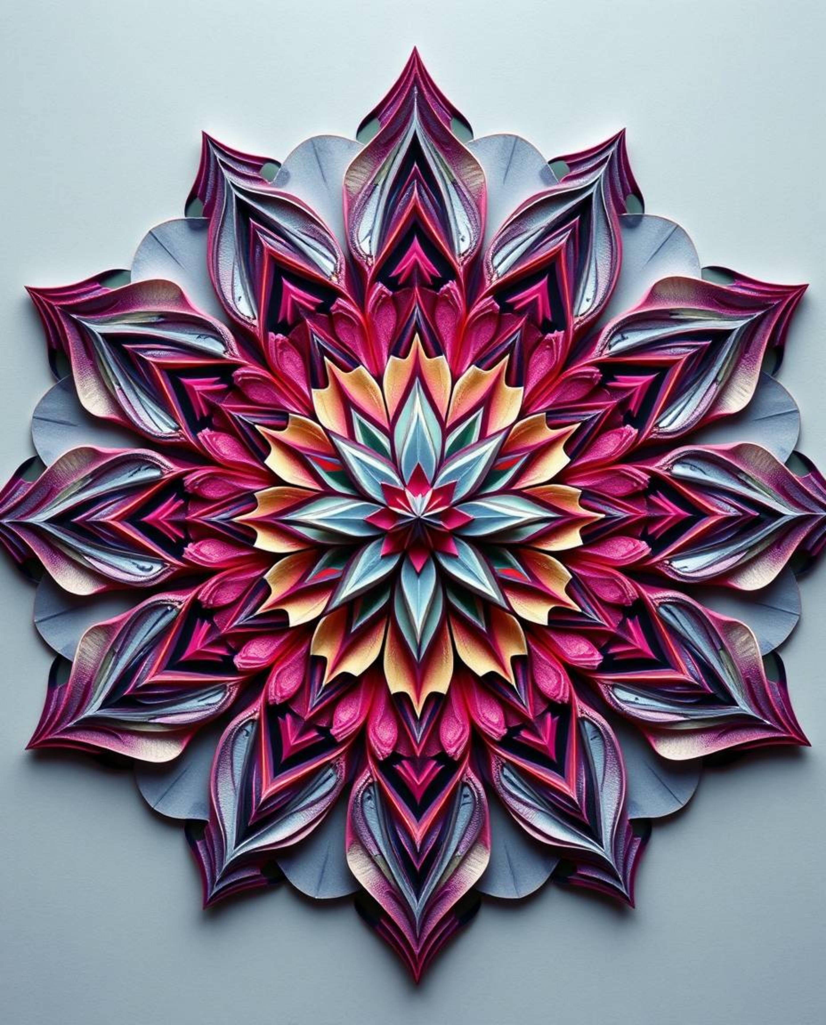 This artwork presents a geometric floral mandala crafted in an intricate origami style, radiating an ethereal spiritual vibe.