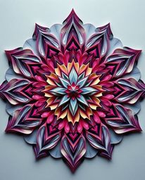 This artwork presents a geometric floral mandala crafted in an intricate origami style, radiating an ethereal spiritual vibe.