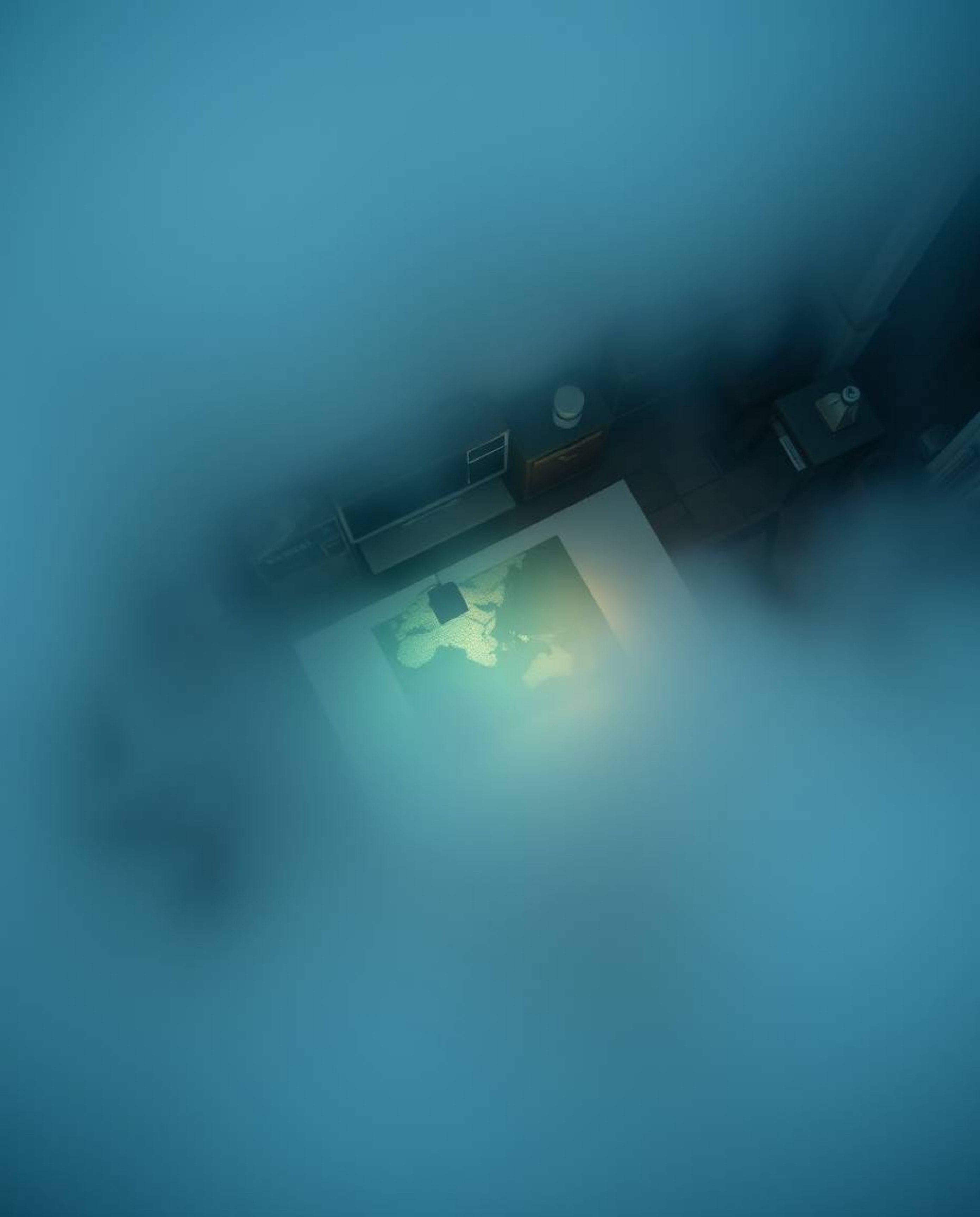 An overhead bird's-eye view photograph captures the eerie beauty of an old study shrouded in thick fog. A glowing map project