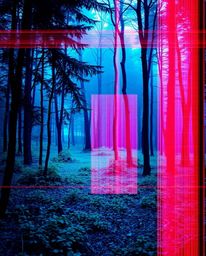 Experience a captivating blend of nature and digital art. This surreal image features a natural forest scene disrupted by a s