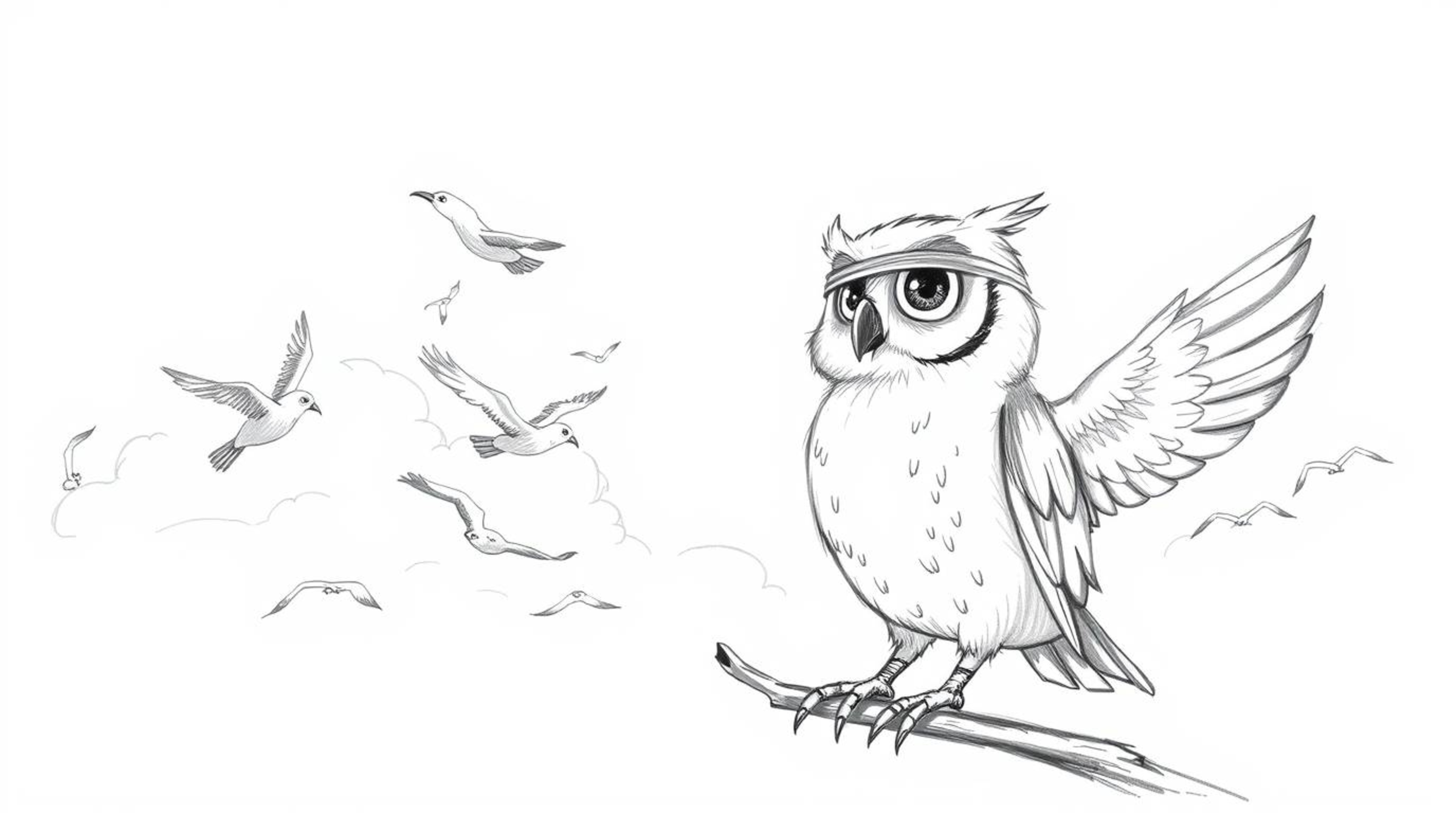 A heartwarming, Pixar-esque hand-drawn sketch features a blind owl with soft feathers and large, expressive eyes. This inspir