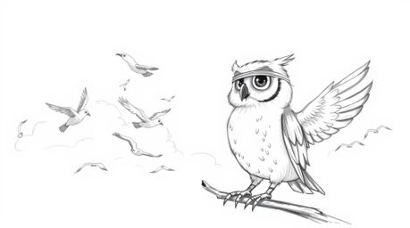 A heartwarming, Pixar-esque hand-drawn sketch features a blind owl with soft feathers and large, expressive eyes. This inspir