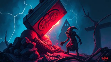 A digitally painted scene depicting an anvil about to fall on a trickster character. The artwork utilizes vivid electric colo