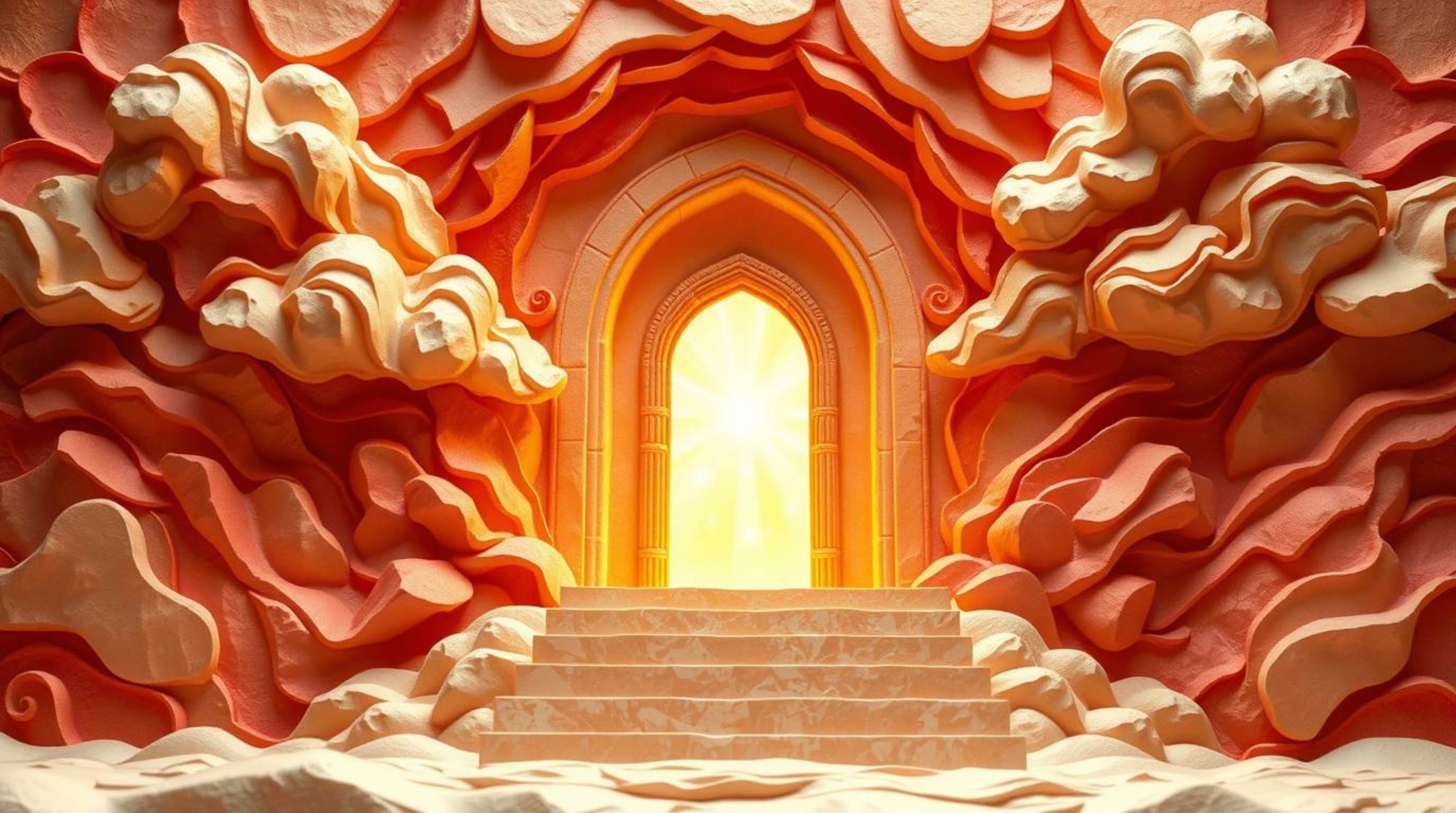 A stunning papier-mâché heavenly gate, bathed in warm tones of reds, oranges, and yellows, creates a captivating fantasy real