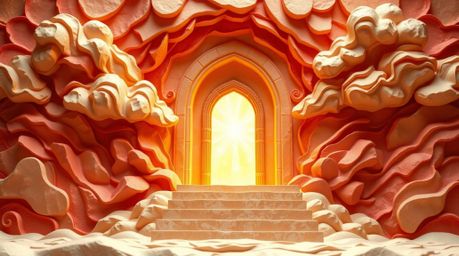 A stunning papier-mâché heavenly gate, bathed in warm tones of reds, oranges, and yellows, creates a captivating fantasy real