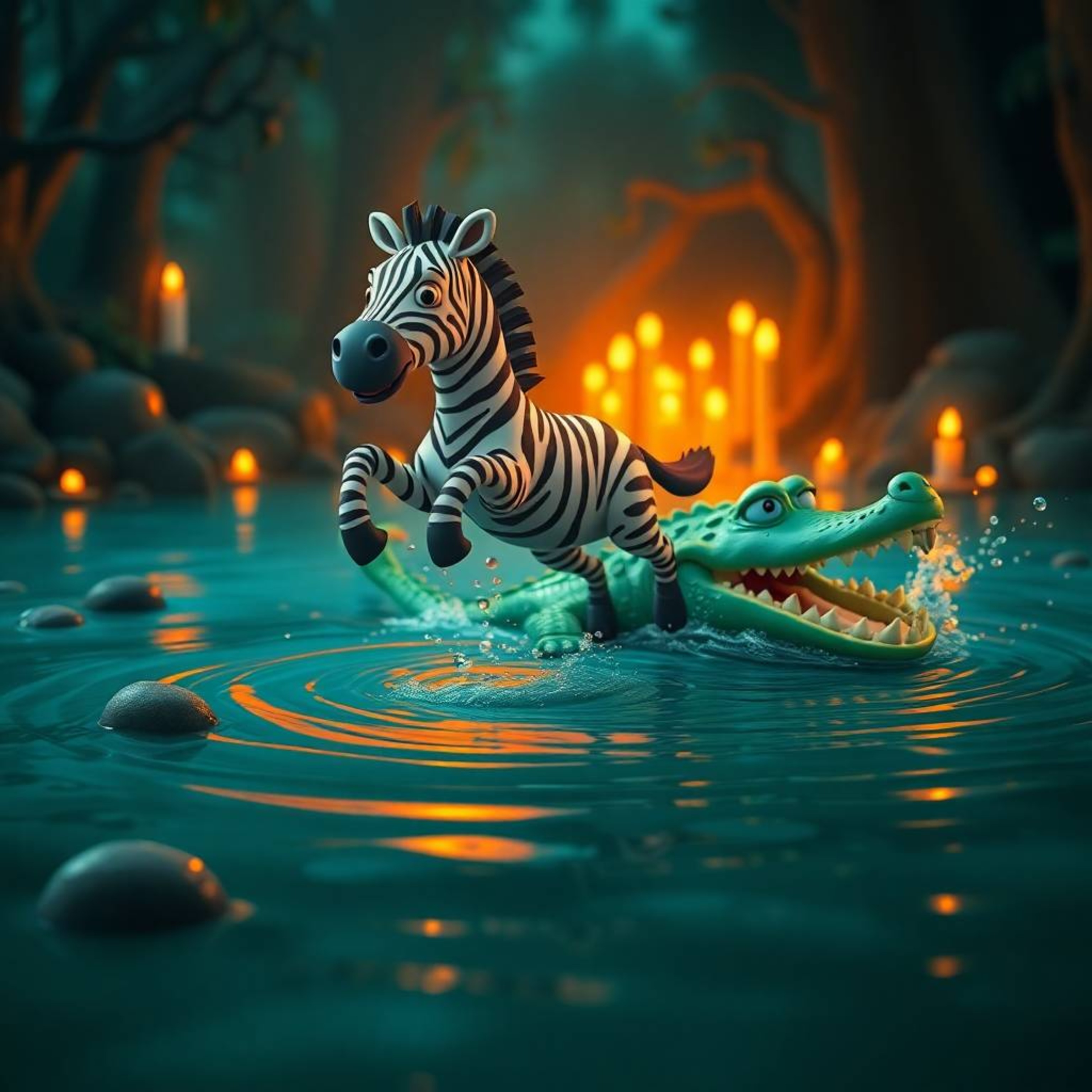 Dive into a dreamlike world where a 3D cartoon zebra leaps to safety from a riverbank, escaping a splashing crocodile. Rich t