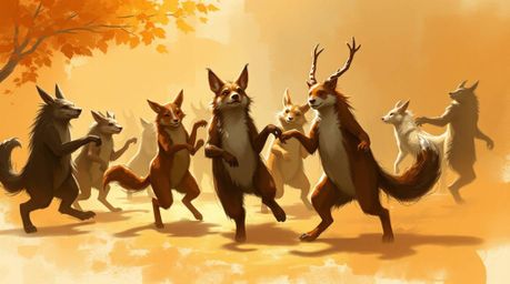 A dynamic digital sketch depicting an animal dance party rendered with loose, painterly strokes in warm autumn hues, creating