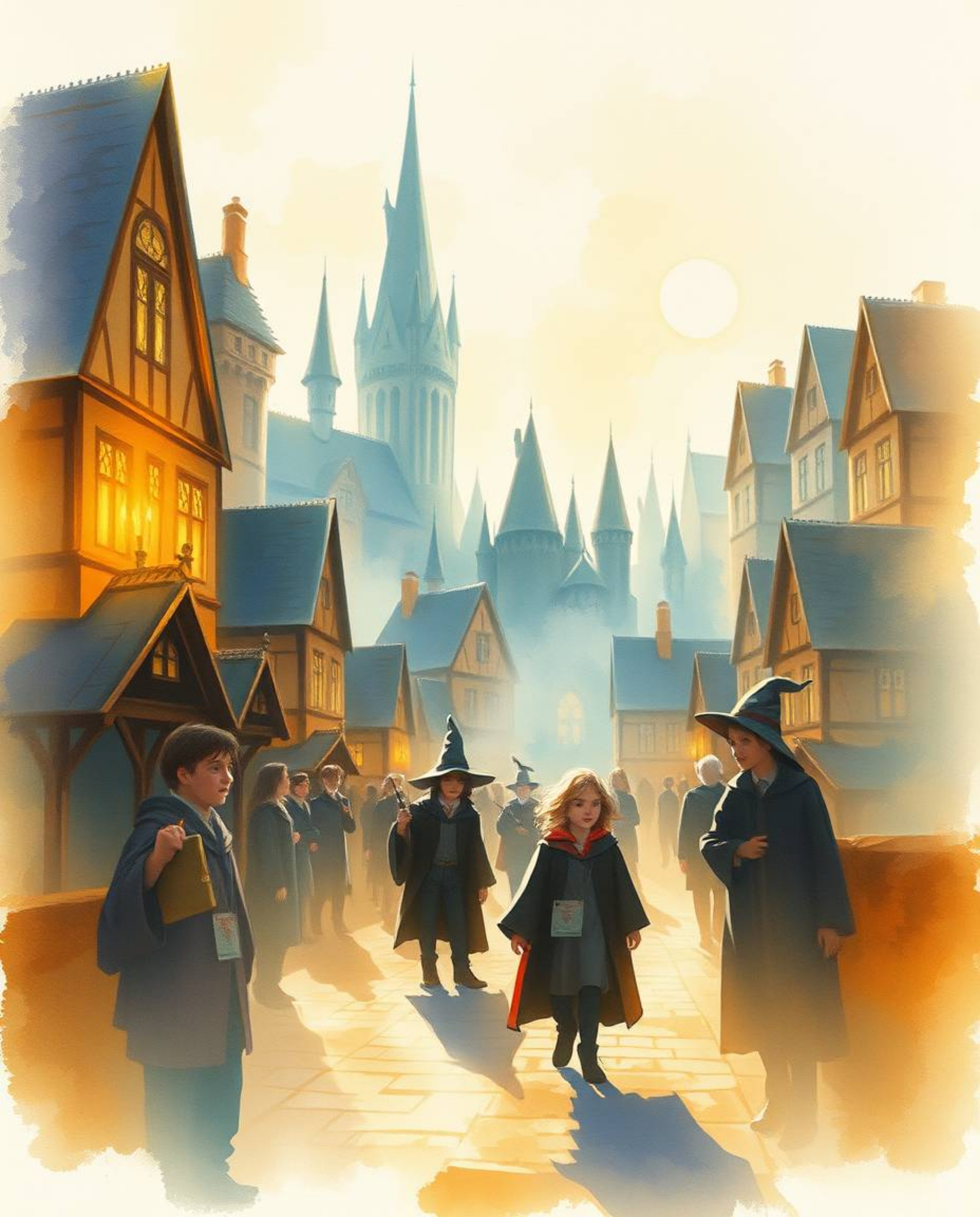Immerse yourself in a delicate watercolor painting of a magical school, brimming with young wizards bathed in the warm, golde
