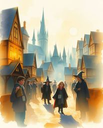 Immerse yourself in a delicate watercolor painting of a magical school, brimming with young wizards bathed in the warm, golde