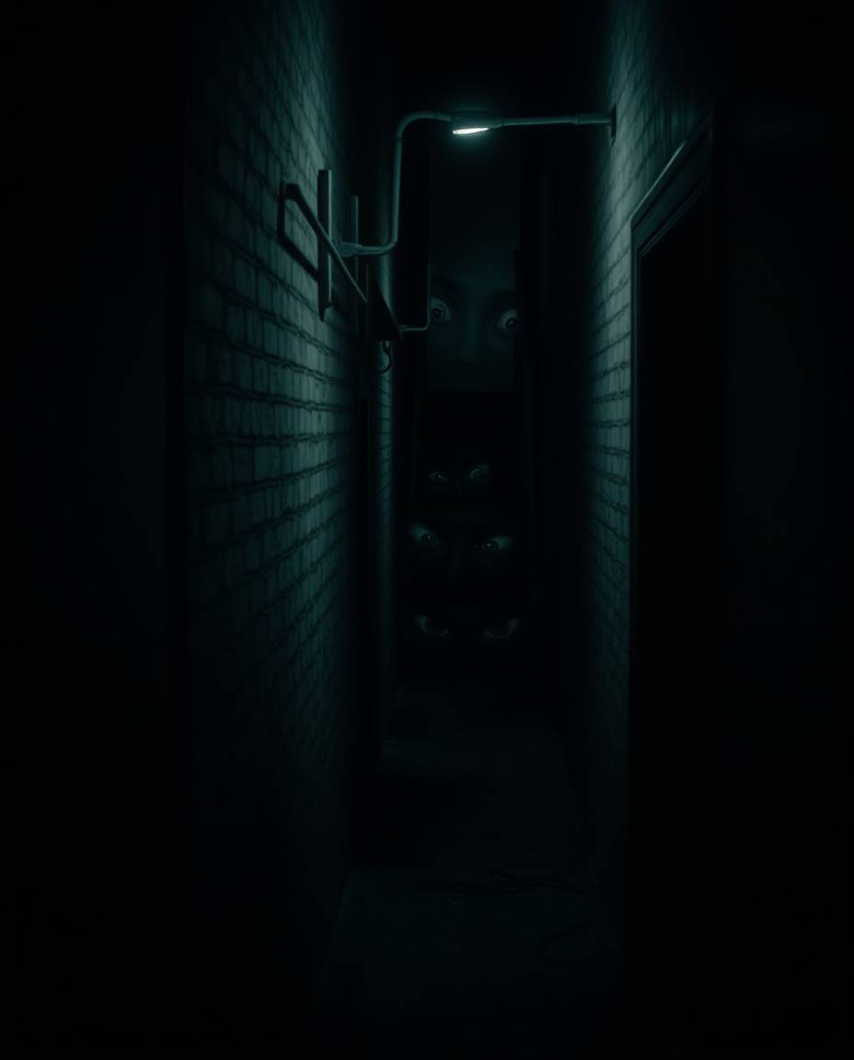 A chilling image depicting eyes watching from the shadowy depths of an alley at night. The dark tones and unsettling details 