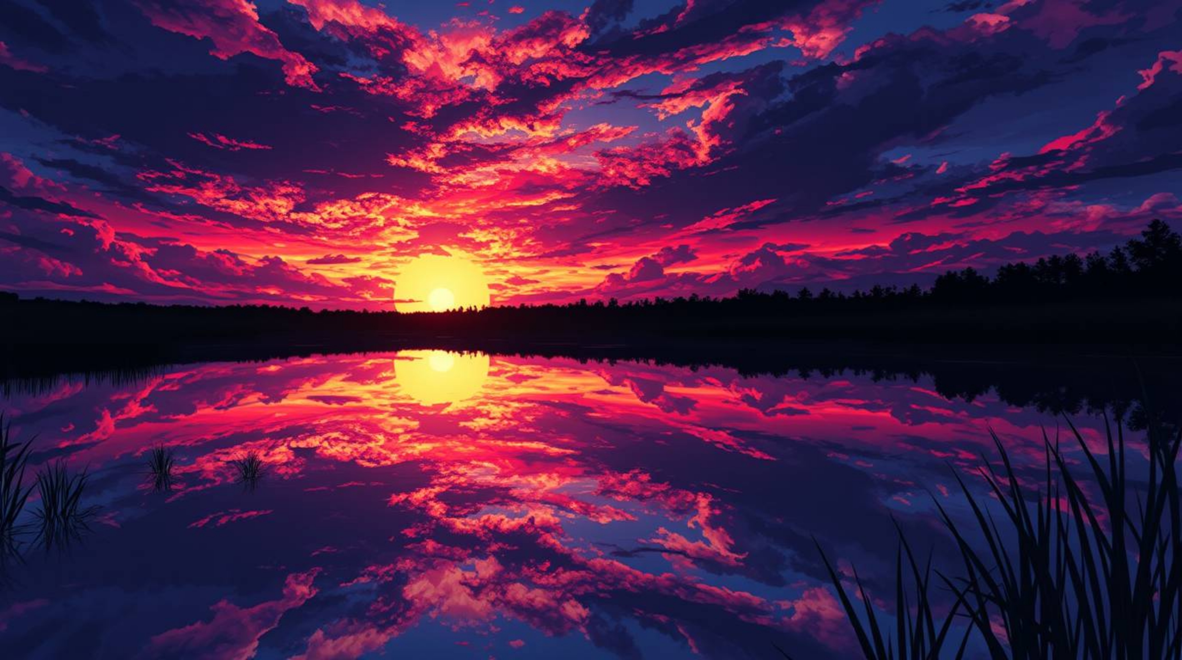 An Isekai anime-style image depicts a vibrant sunset reflected in a tranquil pond, juxtaposed against a dramatic stormy sky. 
