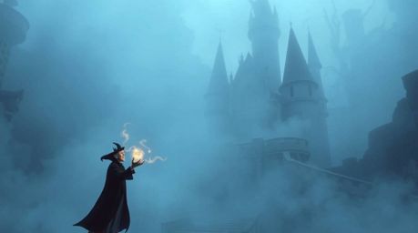 A classic Disney villain casts a spell within the confines of an ancient castle, completely enveloped in a thick, swirling fo