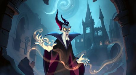 A classic Disney villain with sharp features and pale skin casts a spell within a crumbling gothic castle. Soft pastel color